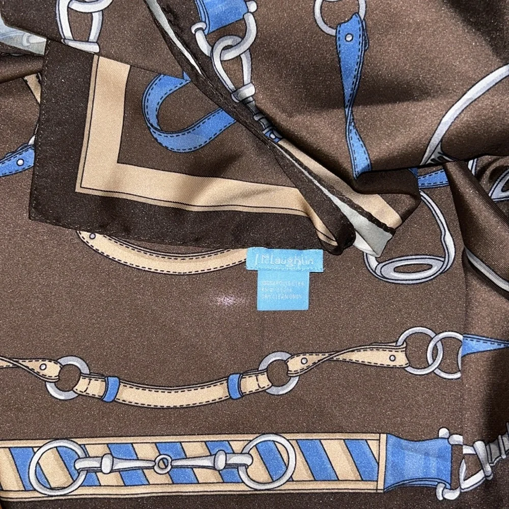 J. McLAUGHLIN Beautiful, extra large silky, equestrian print, brown & blue wrap.